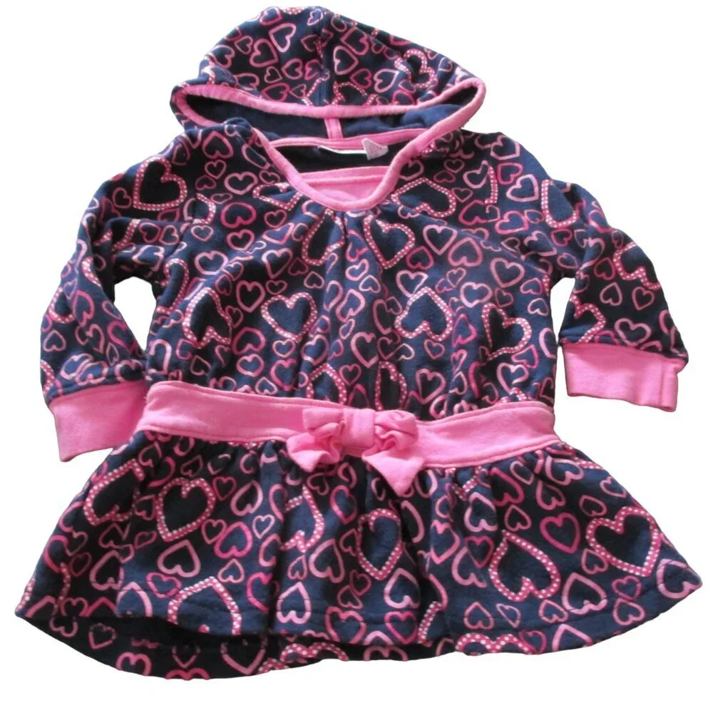 Savannah Hooded Pullover Shirt Girls Size 12M Navy Blue Pink Long Sleeve‎ Hearts